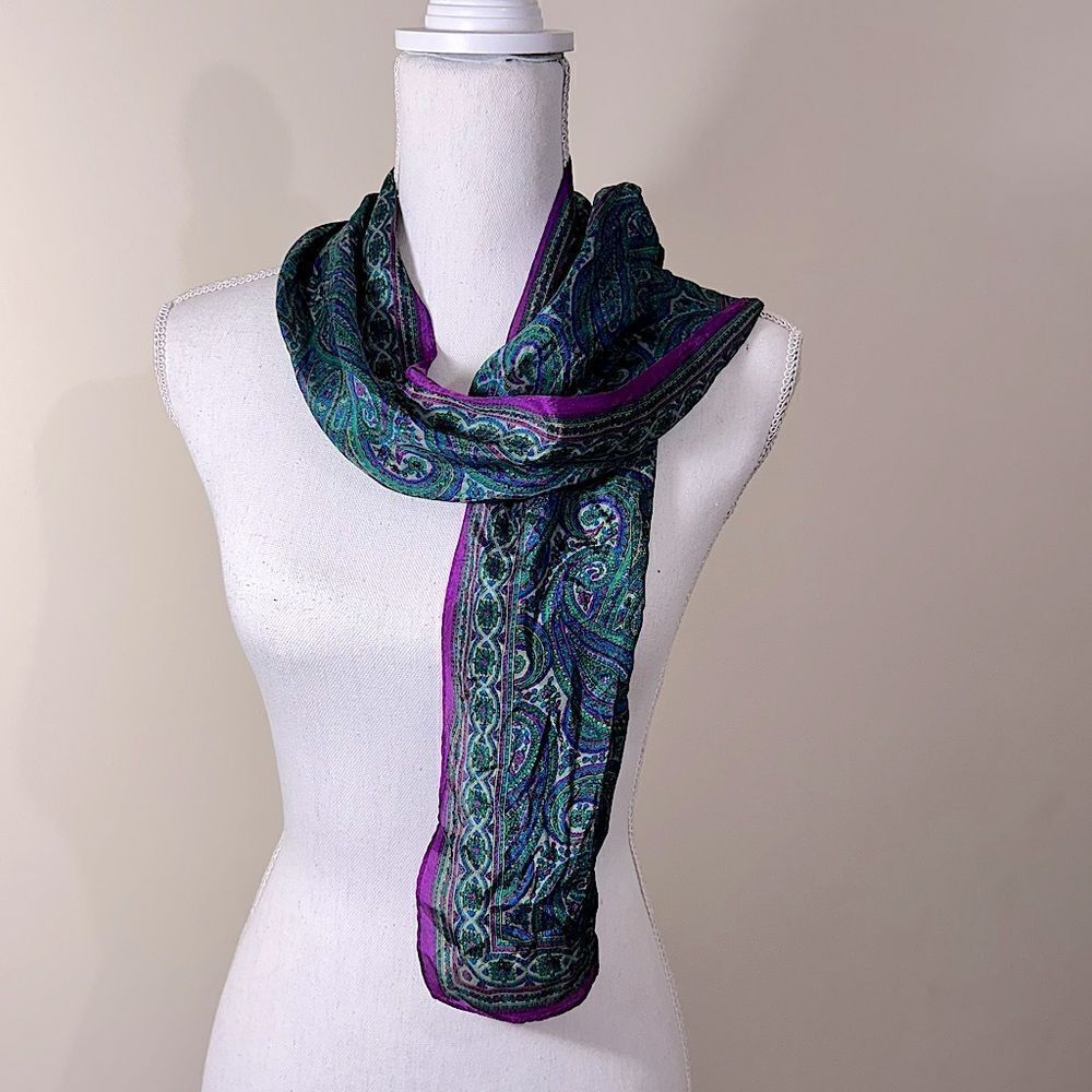 Vintage Harvé Benard Green and Purple Paisley Silk evening scarf